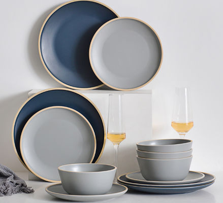 Gufaith Melamine Set naczynia,Plat i miski Set naczynia na 4,Outdoor Set naczynia,Błękitny i szary kolor,Moderne